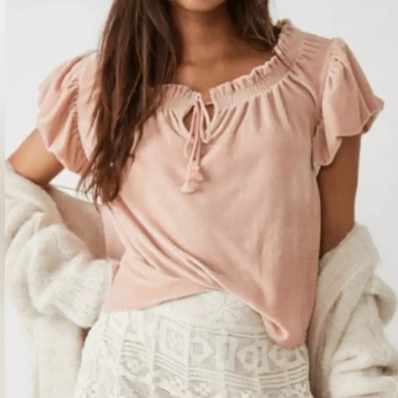 Free People Terese Velvet puffed sleeve peasant top peach pink Size XS - Picture 1 of 6